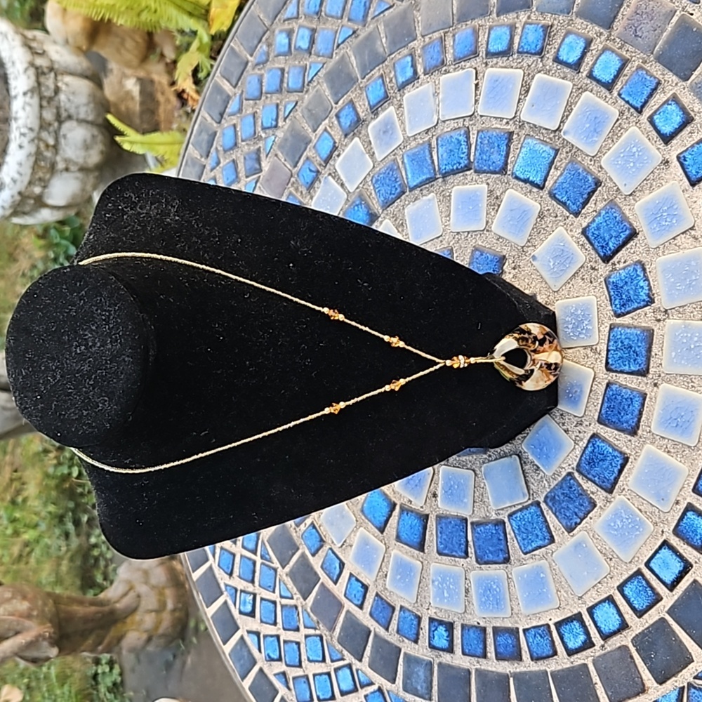 Goldtone Chain Glass Gold Black White Pendant. Made in Italy. Murano.